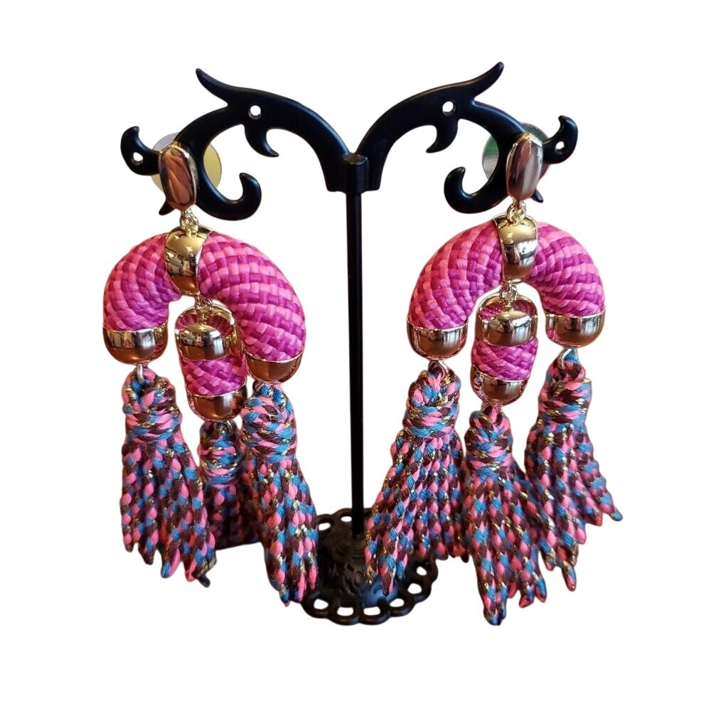 Silpada Pink Woven Cord Tassel Drop Earrings Gold‎ Tone Multi Color Boho